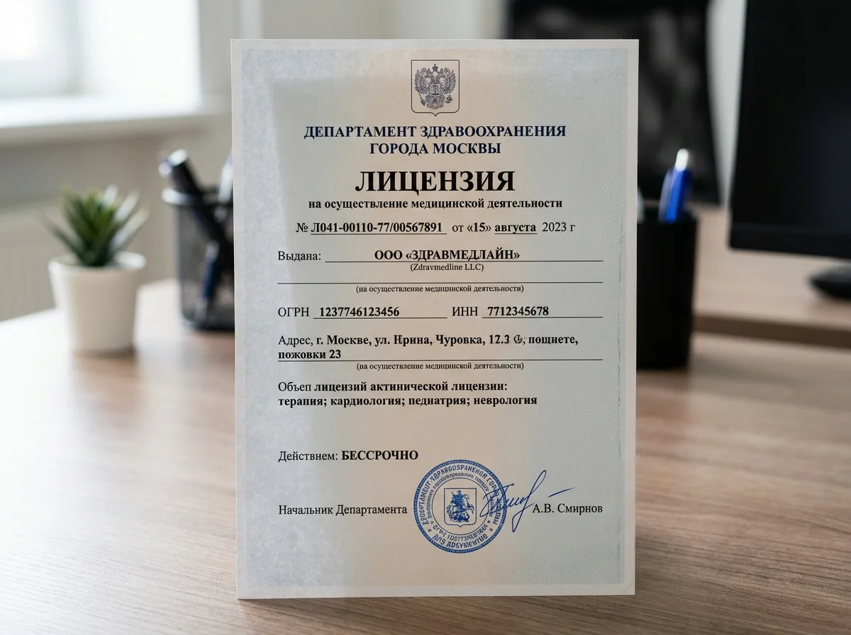 Лицензия на осуществление медицинской деятельности Департамента здравоохранения г. Москвы, официальный документ с печатью и подписью