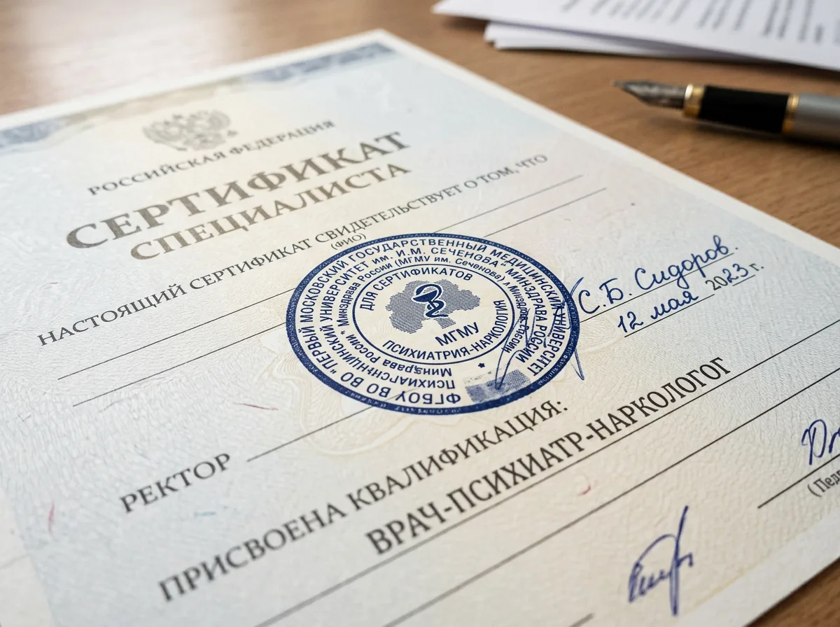 Сертификат специалиста по психиатрии-наркологии, официальный документ Минздрава РФ, крупный план с печатью медицинского учебного заведения