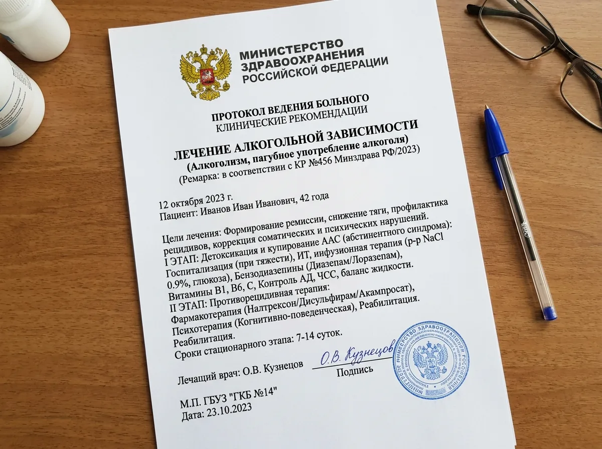 Медицинский документ с протоколом лечения алкогольной зависимости, клинические рекомендации Минздрава РФ, официальный вид